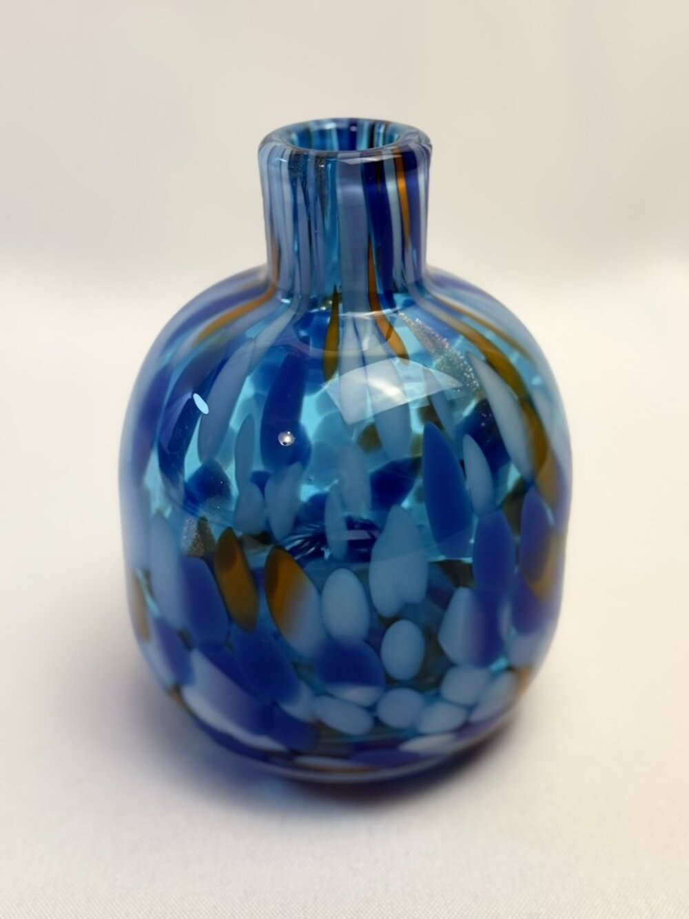 Hand Blown Art Glass Vase Blue White Copper w/ Gold Flecks Studio Glass 4.75”